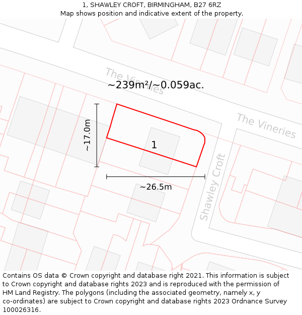 1, SHAWLEY CROFT, BIRMINGHAM, B27 6RZ: Plot and title map