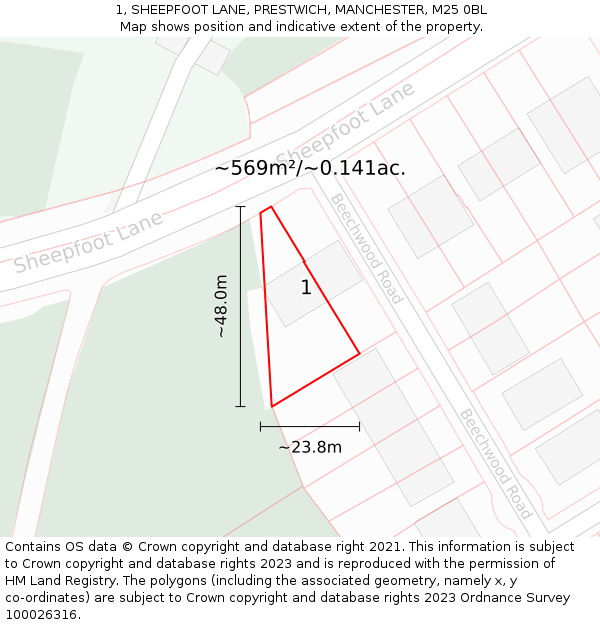 1, SHEEPFOOT LANE, PRESTWICH, MANCHESTER, M25 0BL: Plot and title map