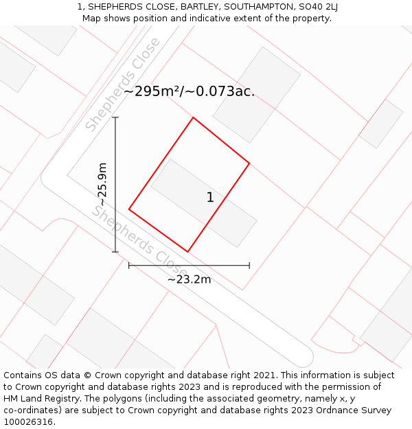 1, SHEPHERDS CLOSE, BARTLEY, SOUTHAMPTON, SO40 2LJ: Plot and title map