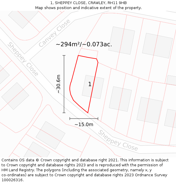 1, SHEPPEY CLOSE, CRAWLEY, RH11 9HB: Plot and title map