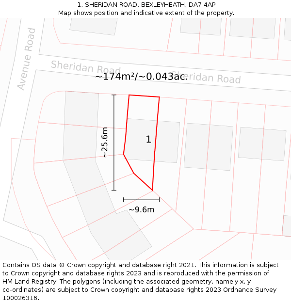 1, SHERIDAN ROAD, BEXLEYHEATH, DA7 4AP: Plot and title map