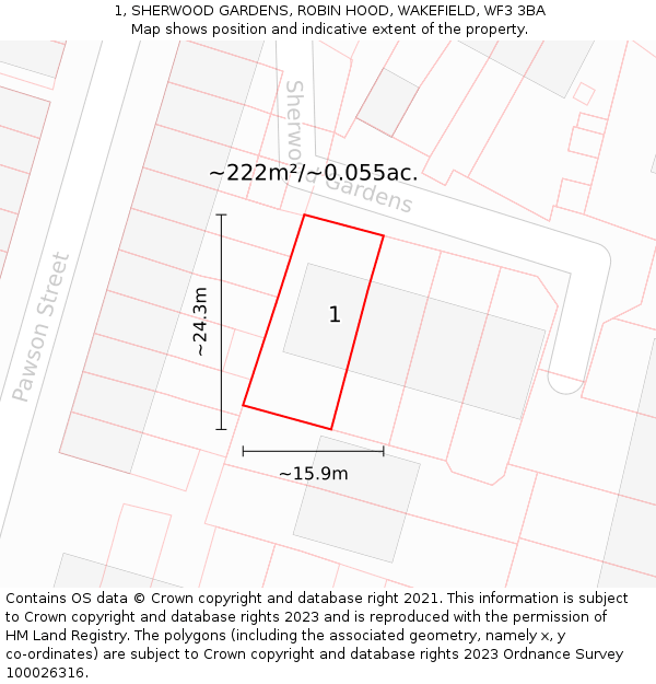 1, SHERWOOD GARDENS, ROBIN HOOD, WAKEFIELD, WF3 3BA: Plot and title map