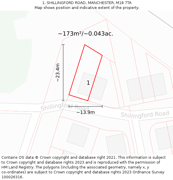 1, SHILLINGFORD ROAD, MANCHESTER, M18 7TA: Plot and title map