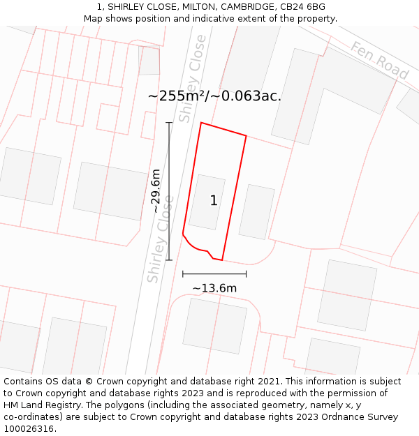 1, SHIRLEY CLOSE, MILTON, CAMBRIDGE, CB24 6BG: Plot and title map