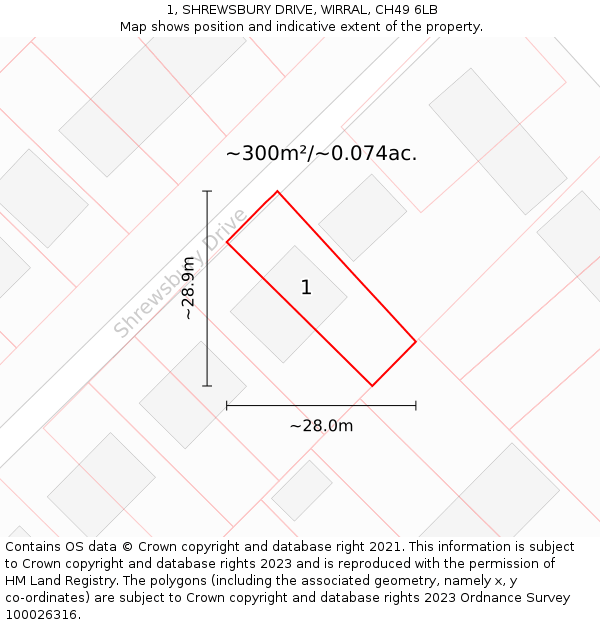 1, SHREWSBURY DRIVE, WIRRAL, CH49 6LB: Plot and title map