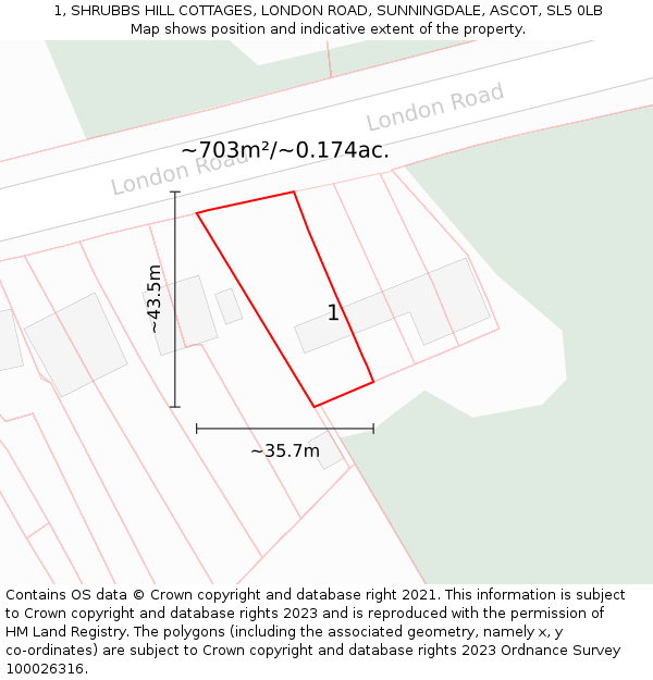 1, SHRUBBS HILL COTTAGES, LONDON ROAD, SUNNINGDALE, ASCOT, SL5 0LB: Plot and title map