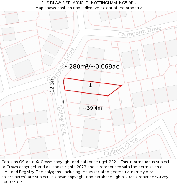 1, SIDLAW RISE, ARNOLD, NOTTINGHAM, NG5 9PU: Plot and title map