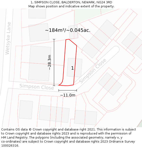 1, SIMPSON CLOSE, BALDERTON, NEWARK, NG24 3RD: Plot and title map