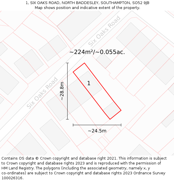 1, SIX OAKS ROAD, NORTH BADDESLEY, SOUTHAMPTON, SO52 9JB: Plot and title map