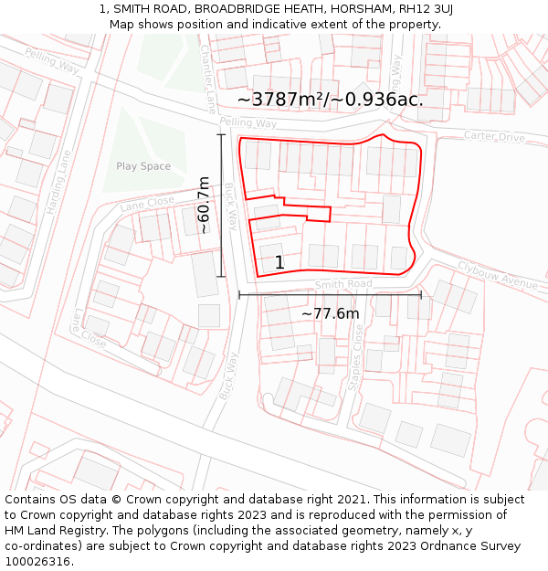 1, SMITH ROAD, BROADBRIDGE HEATH, HORSHAM, RH12 3UJ: Plot and title map