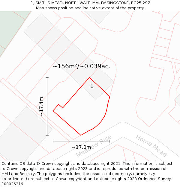 1, SMITHS MEAD, NORTH WALTHAM, BASINGSTOKE, RG25 2SZ: Plot and title map