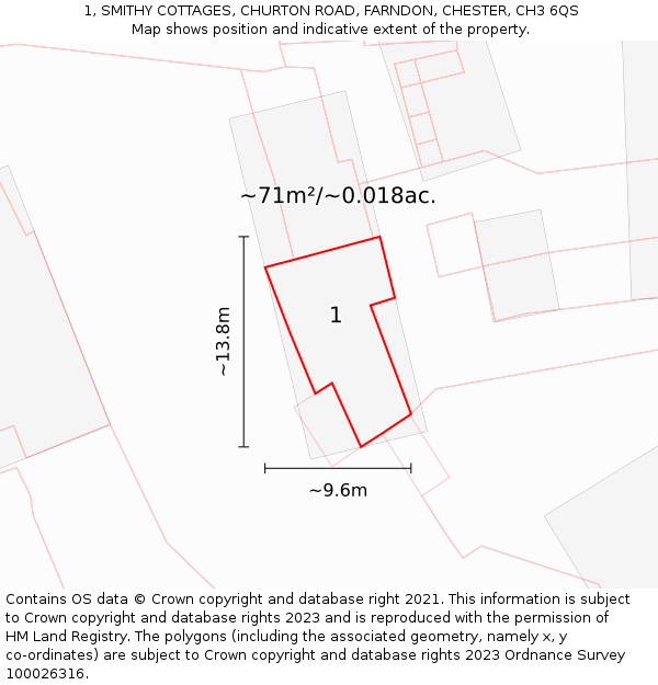 1, SMITHY COTTAGES, CHURTON ROAD, FARNDON, CHESTER, CH3 6QS: Plot and title map