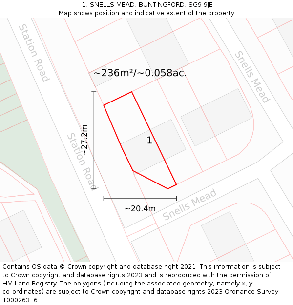 1, SNELLS MEAD, BUNTINGFORD, SG9 9JE: Plot and title map