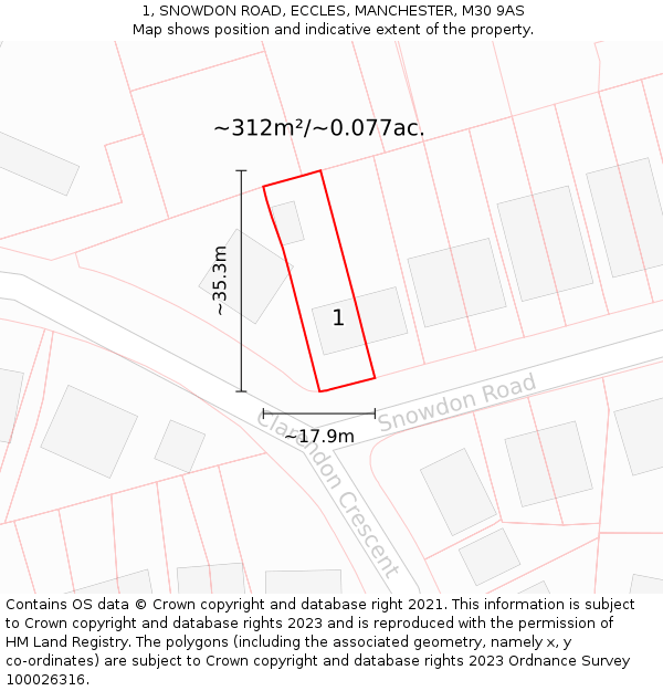 1, SNOWDON ROAD, ECCLES, MANCHESTER, M30 9AS: Plot and title map