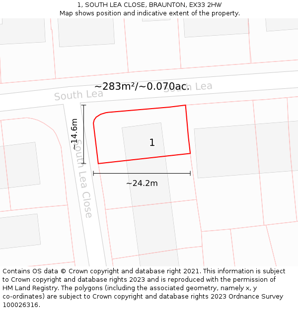 1, SOUTH LEA CLOSE, BRAUNTON, EX33 2HW: Plot and title map