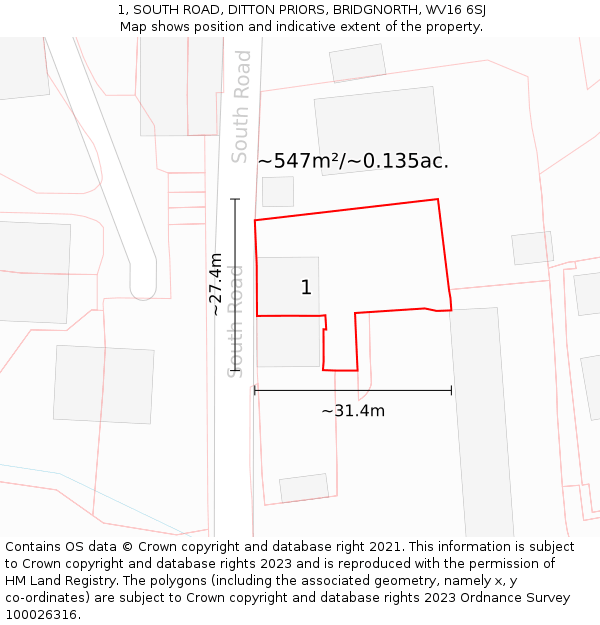 1, SOUTH ROAD, DITTON PRIORS, BRIDGNORTH, WV16 6SJ: Plot and title map