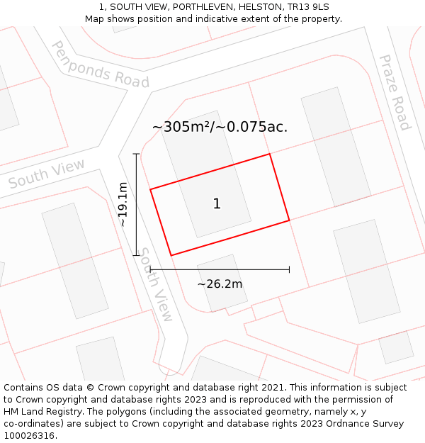 1, SOUTH VIEW, PORTHLEVEN, HELSTON, TR13 9LS: Plot and title map