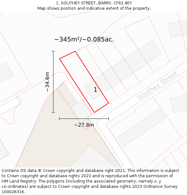 1, SOUTHEY STREET, BARRY, CF62 8EY: Plot and title map