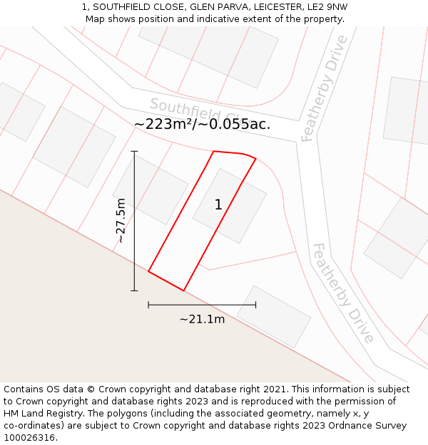 1, SOUTHFIELD CLOSE, GLEN PARVA, LEICESTER, LE2 9NW: Plot and title map