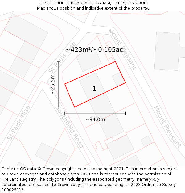 1, SOUTHFIELD ROAD, ADDINGHAM, ILKLEY, LS29 0QF: Plot and title map