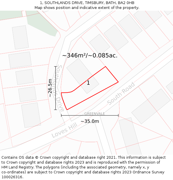 1, SOUTHLANDS DRIVE, TIMSBURY, BATH, BA2 0HB: Plot and title map