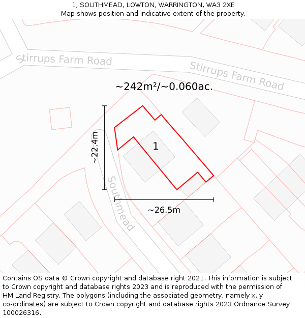 1, SOUTHMEAD, LOWTON, WARRINGTON, WA3 2XE: Plot and title map