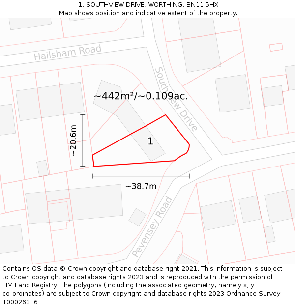 1, SOUTHVIEW DRIVE, WORTHING, BN11 5HX: Plot and title map