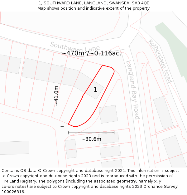 1, SOUTHWARD LANE, LANGLAND, SWANSEA, SA3 4QE: Plot and title map