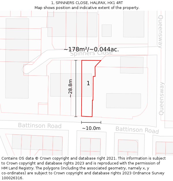 1, SPINNERS CLOSE, HALIFAX, HX1 4RT: Plot and title map