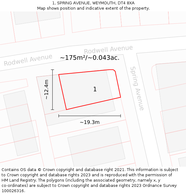 1, SPRING AVENUE, WEYMOUTH, DT4 8XA: Plot and title map