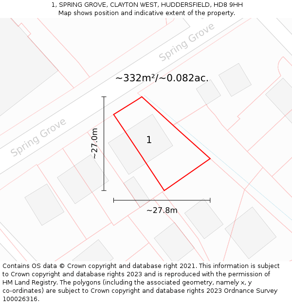 1, SPRING GROVE, CLAYTON WEST, HUDDERSFIELD, HD8 9HH: Plot and title map