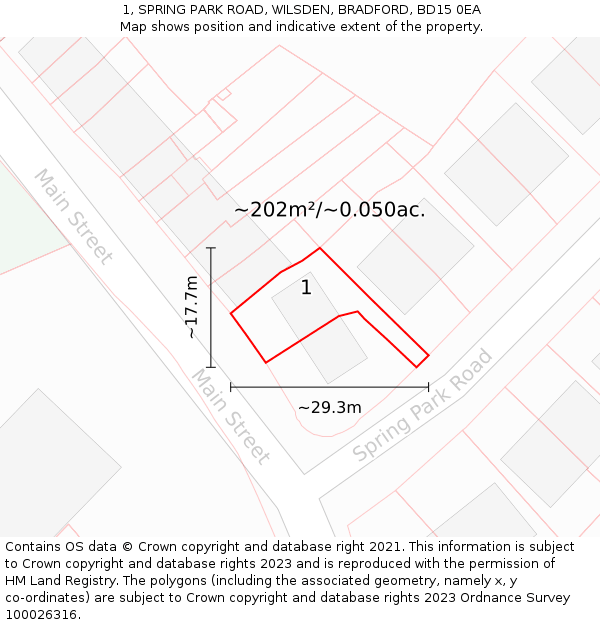 1, SPRING PARK ROAD, WILSDEN, BRADFORD, BD15 0EA: Plot and title map