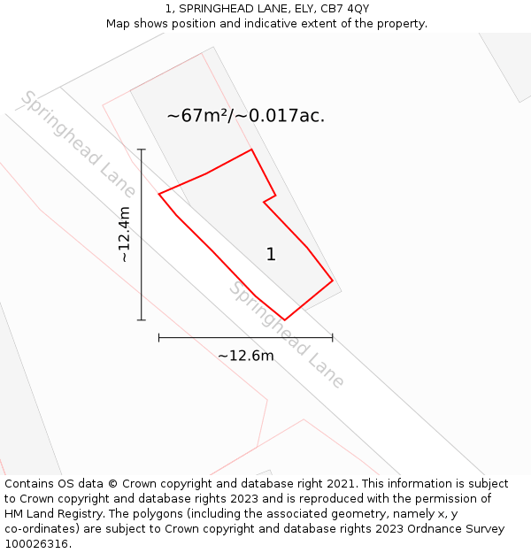 1, SPRINGHEAD LANE, ELY, CB7 4QY: Plot and title map