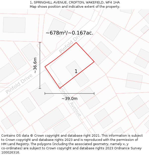 1, SPRINGHILL AVENUE, CROFTON, WAKEFIELD, WF4 1HA: Plot and title map