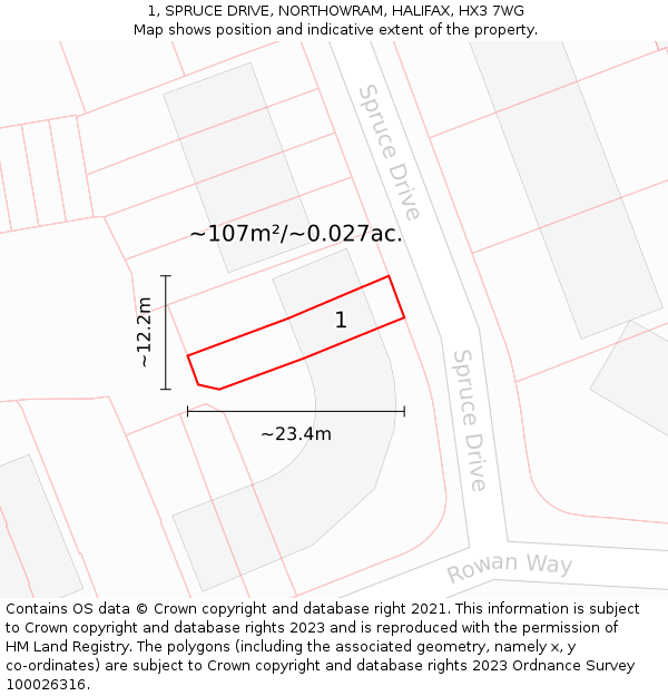 1, SPRUCE DRIVE, NORTHOWRAM, HALIFAX, HX3 7WG: Plot and title map