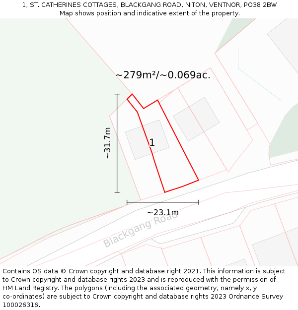 1, ST. CATHERINES COTTAGES, BLACKGANG ROAD, NITON, VENTNOR, PO38 2BW: Plot and title map