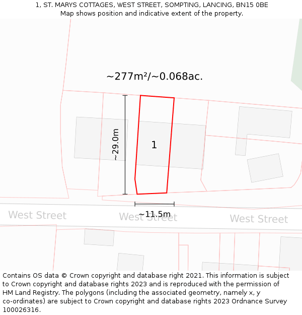 1, ST. MARYS COTTAGES, WEST STREET, SOMPTING, LANCING, BN15 0BE: Plot and title map