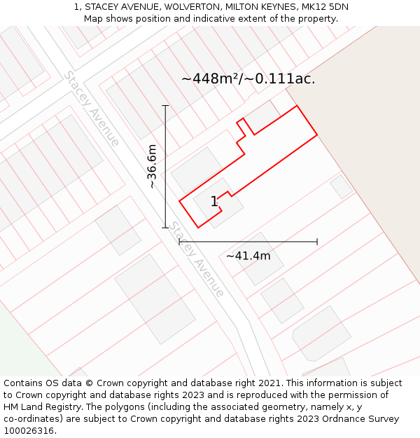 1, STACEY AVENUE, WOLVERTON, MILTON KEYNES, MK12 5DN: Plot and title map