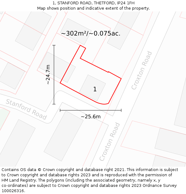 1, STANFORD ROAD, THETFORD, IP24 1FH: Plot and title map