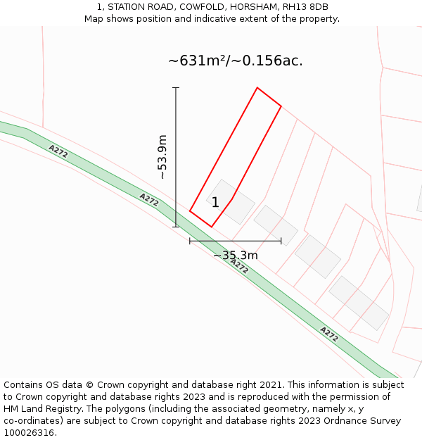 1, STATION ROAD, COWFOLD, HORSHAM, RH13 8DB: Plot and title map