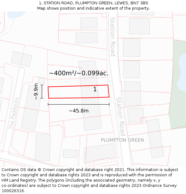 1, STATION ROAD, PLUMPTON GREEN, LEWES, BN7 3BS: Plot and title map