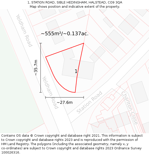 1, STATION ROAD, SIBLE HEDINGHAM, HALSTEAD, CO9 3QA: Plot and title map