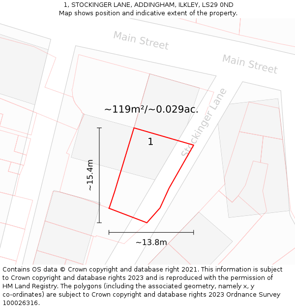 1, STOCKINGER LANE, ADDINGHAM, ILKLEY, LS29 0ND: Plot and title map