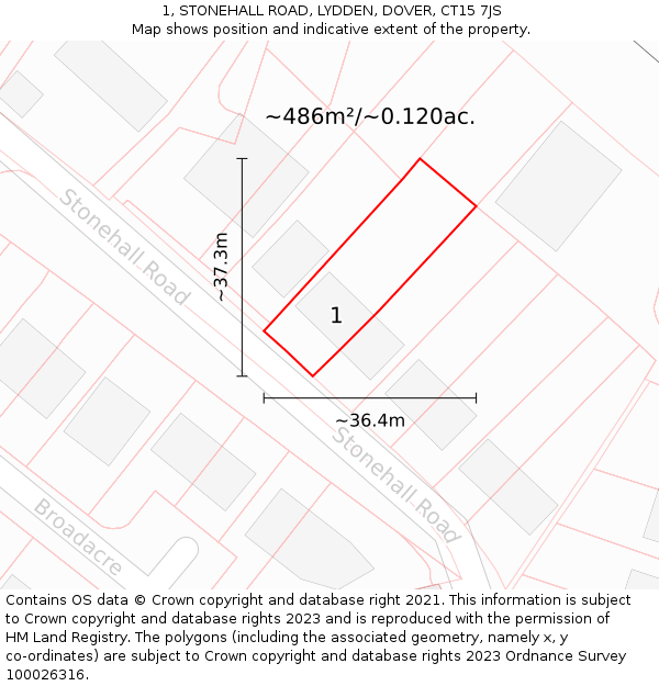 1, STONEHALL ROAD, LYDDEN, DOVER, CT15 7JS: Plot and title map