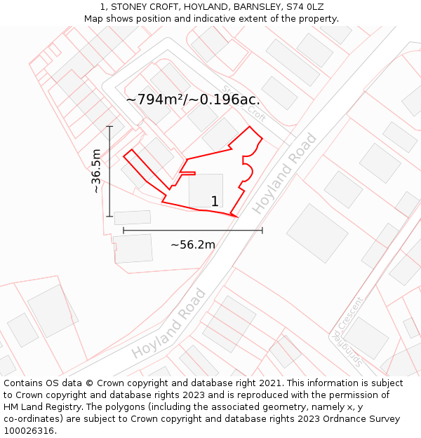 1, STONEY CROFT, HOYLAND, BARNSLEY, S74 0LZ: Plot and title map