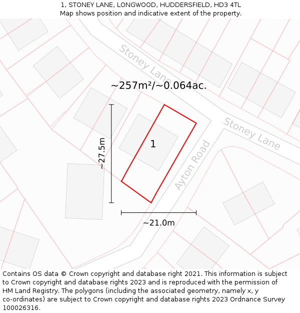 1, STONEY LANE, LONGWOOD, HUDDERSFIELD, HD3 4TL: Plot and title map