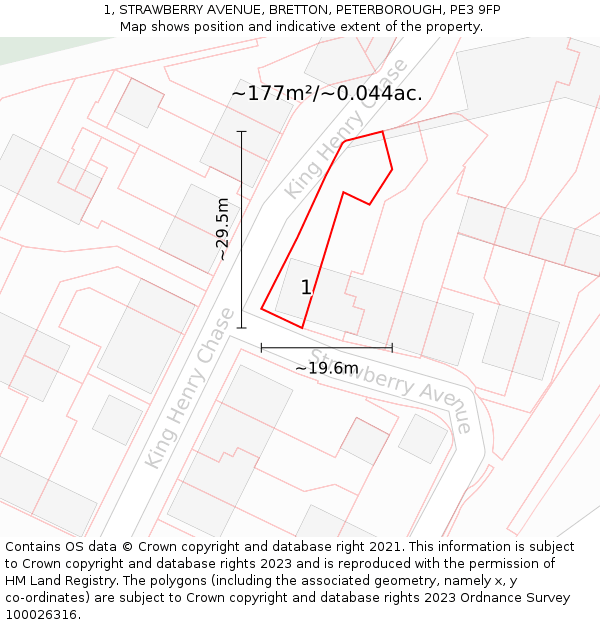 1, STRAWBERRY AVENUE, BRETTON, PETERBOROUGH, PE3 9FP: Plot and title map