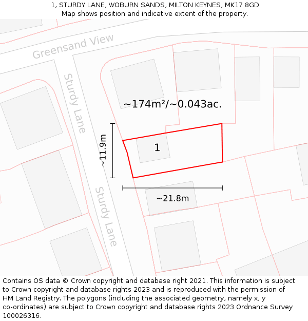 1, STURDY LANE, WOBURN SANDS, MILTON KEYNES, MK17 8GD: Plot and title map
