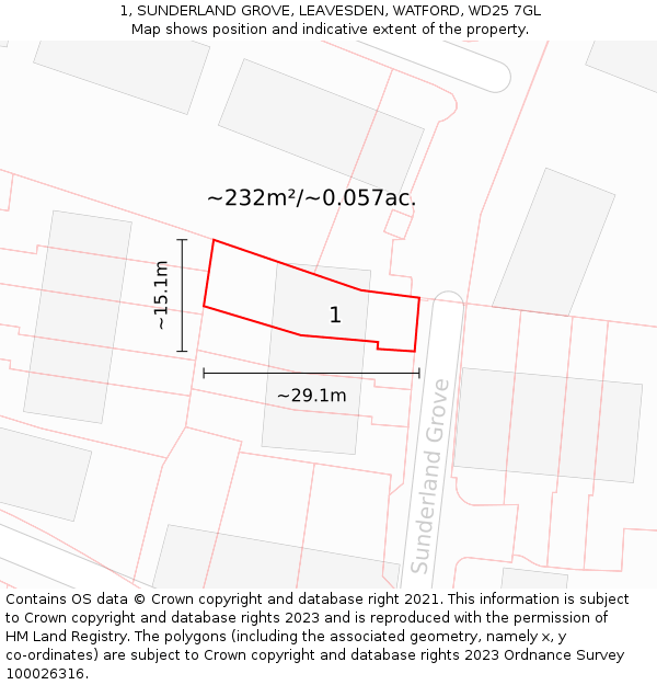 1, SUNDERLAND GROVE, LEAVESDEN, WATFORD, WD25 7GL: Plot and title map