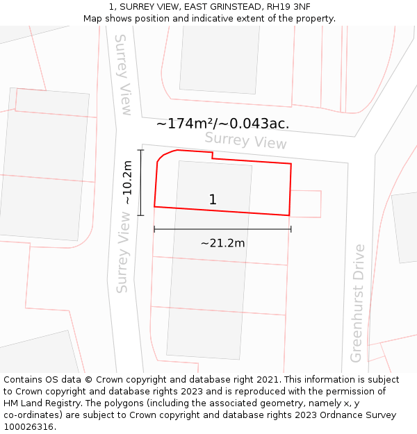 1, SURREY VIEW, EAST GRINSTEAD, RH19 3NF: Plot and title map